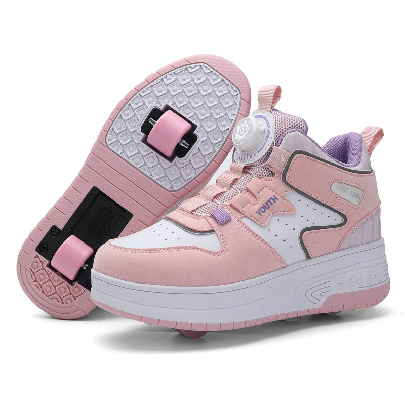 Kids Dual-Wheel Roller Skate Walking Shoes | Mesh-Panel Lace-Up Sneakers