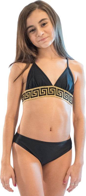 JUNIORS TWO PIECE GOLD TRIM BATHING SUIT