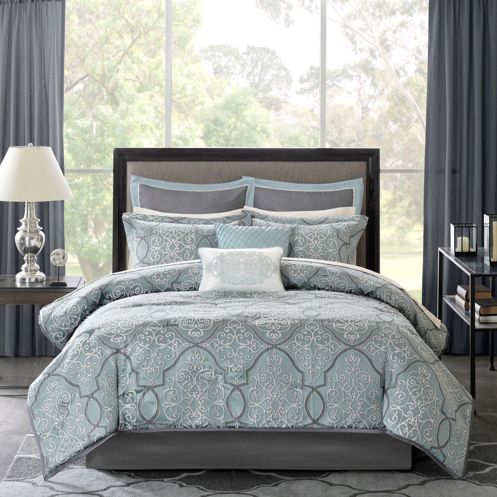 12 Piece Comforter Set with Cotton Bed Sheets Blue King