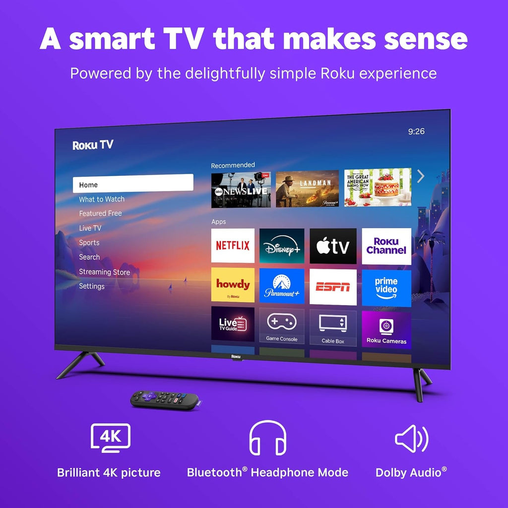 Roku Smart TV 2025 – 43-Inch Select Series, 4K HDR TV – tv with Enhanced Voice Remote – Flat Screen LED Television with Wi-Fi for Streaming Live Local News, Sports, Family Entertainment