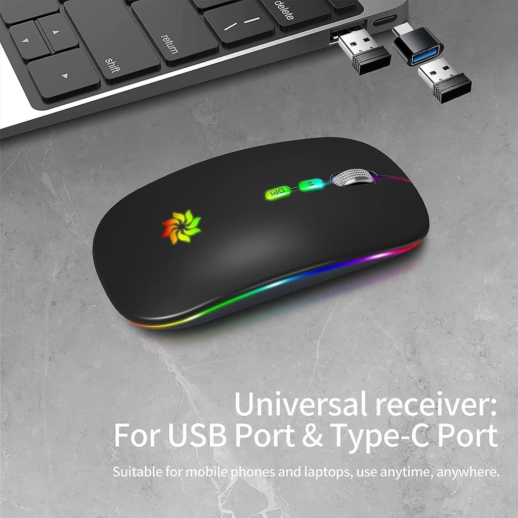 Wireless Mouse, LED Wireless Mouse for Laptop, Slim Silent Mouse 2.4G Rechargeable Wireless Computer Mouse for Laptop, Macbook, Ipad, Chromebook, with USB & Type-C Receiver