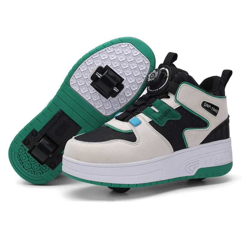 Kids Dual-Wheel Roller Skate Walking Shoes | Mesh-Panel Lace-Up Sneakers
