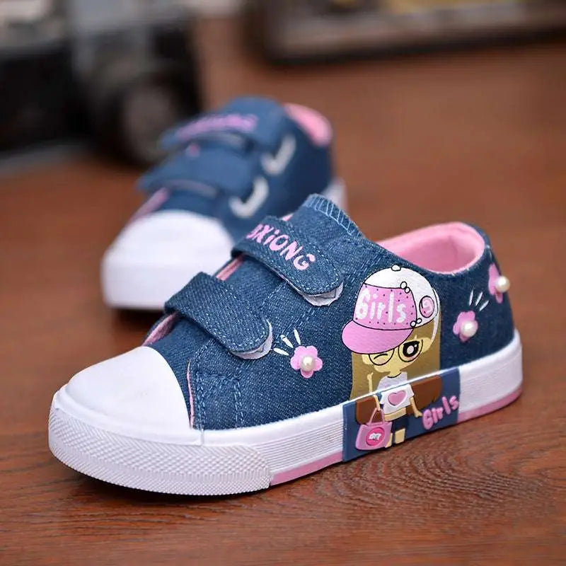 Blue Denim Girls Canvas Shoes with Cartoon Design