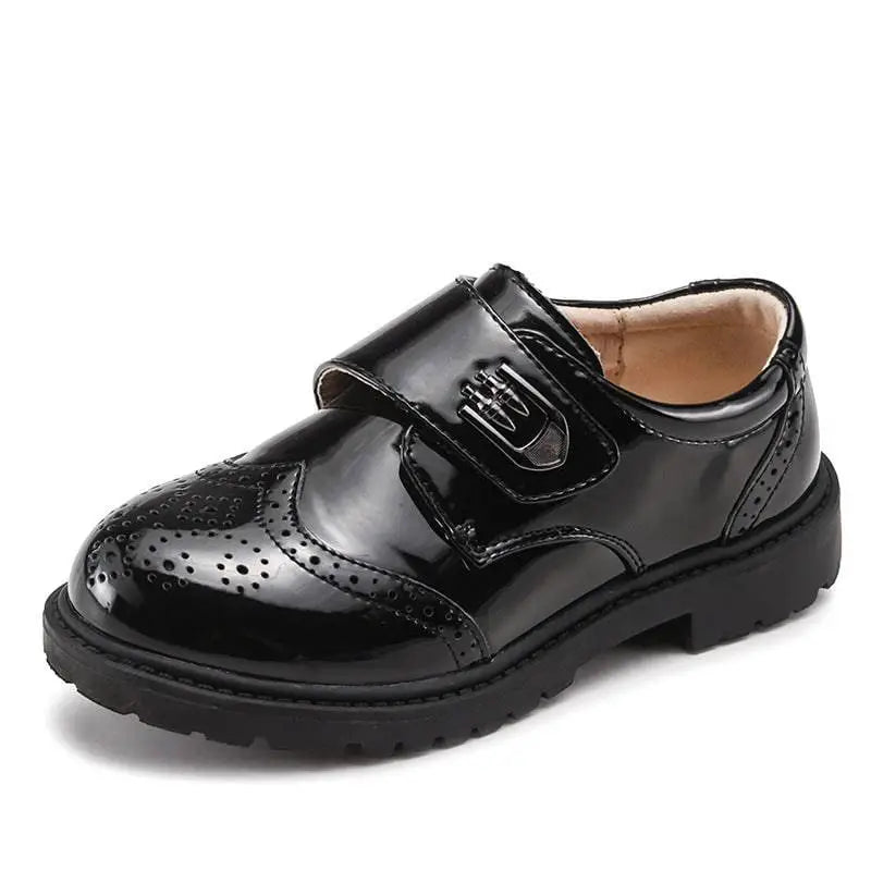 Boys Black Patent Leather Shoes with Brogue Detail