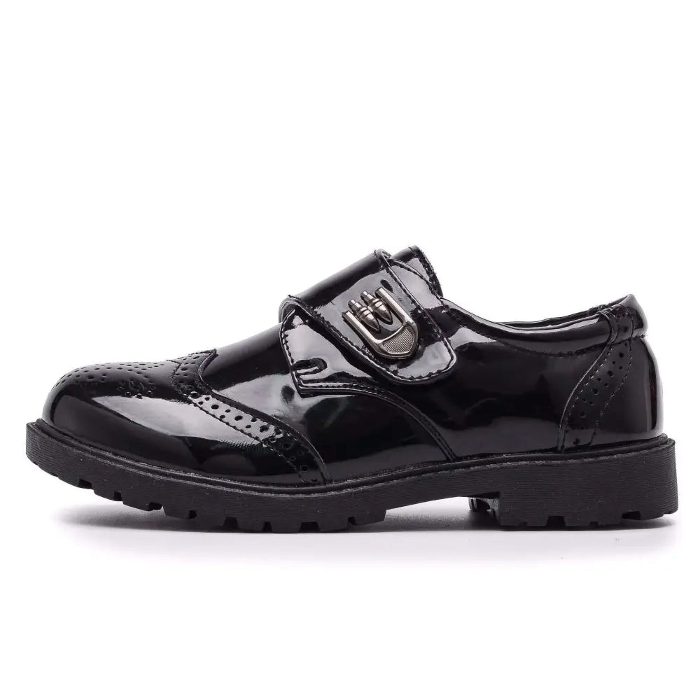 Boys Black Patent Leather Shoes with Brogue Detail