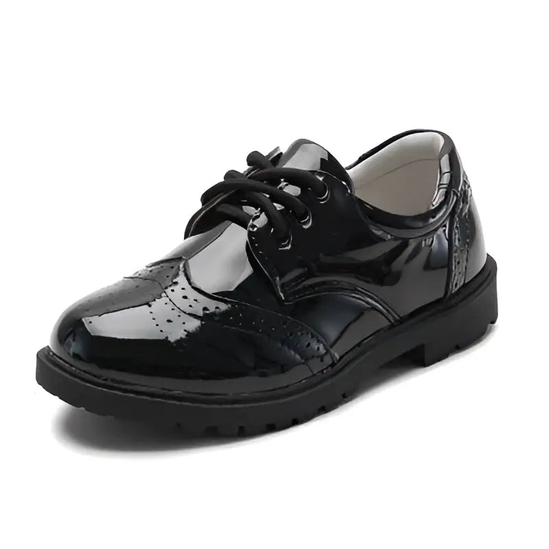 Boys Black Patent Leather Shoes with Brogue Detail