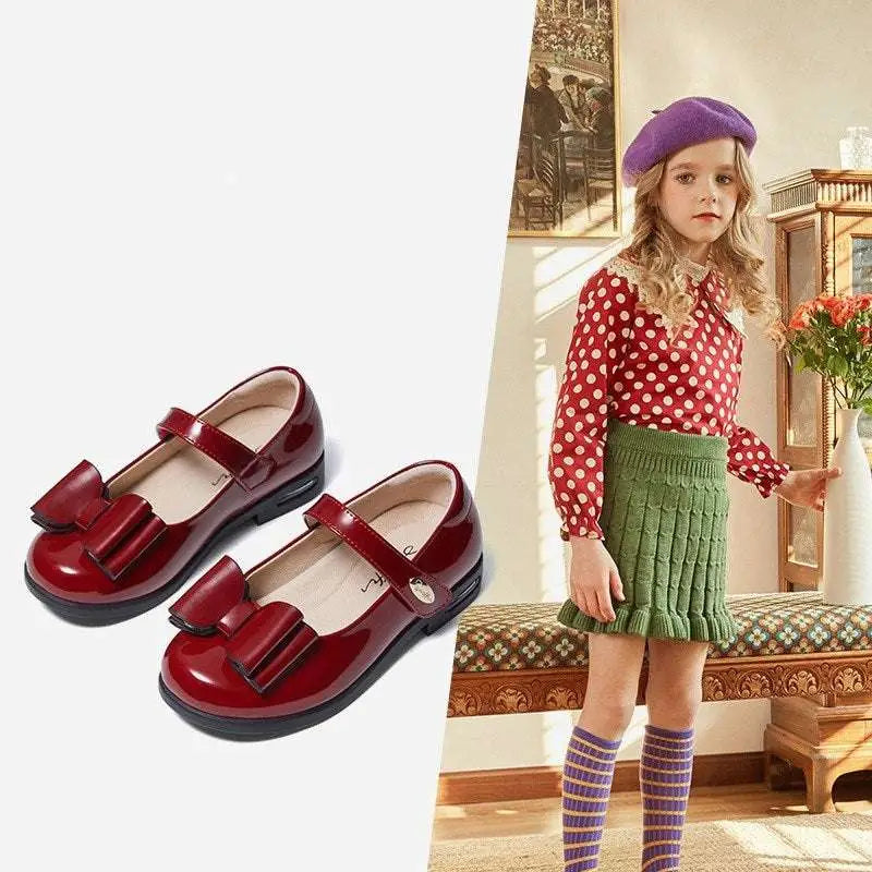 Red Bow Patent Leather Girl Shoes Princess